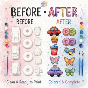 18 piece kids plaster painting kit before and after - white plaster cars donuts butterflies and colorful painted version with 6 paint pots and brush, diy art kit for kids Pakistan