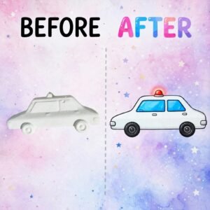 Rang Bharo police car plaster painting kit before and after - white unpainted and colorful painted police car toy for kids DIY art kit