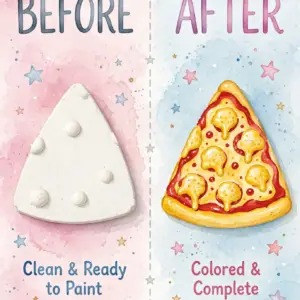 White plaster pizza slice toy paintable kids craft, DIY cheese slice plaster for painting, clean and ready to paint, kids art activity