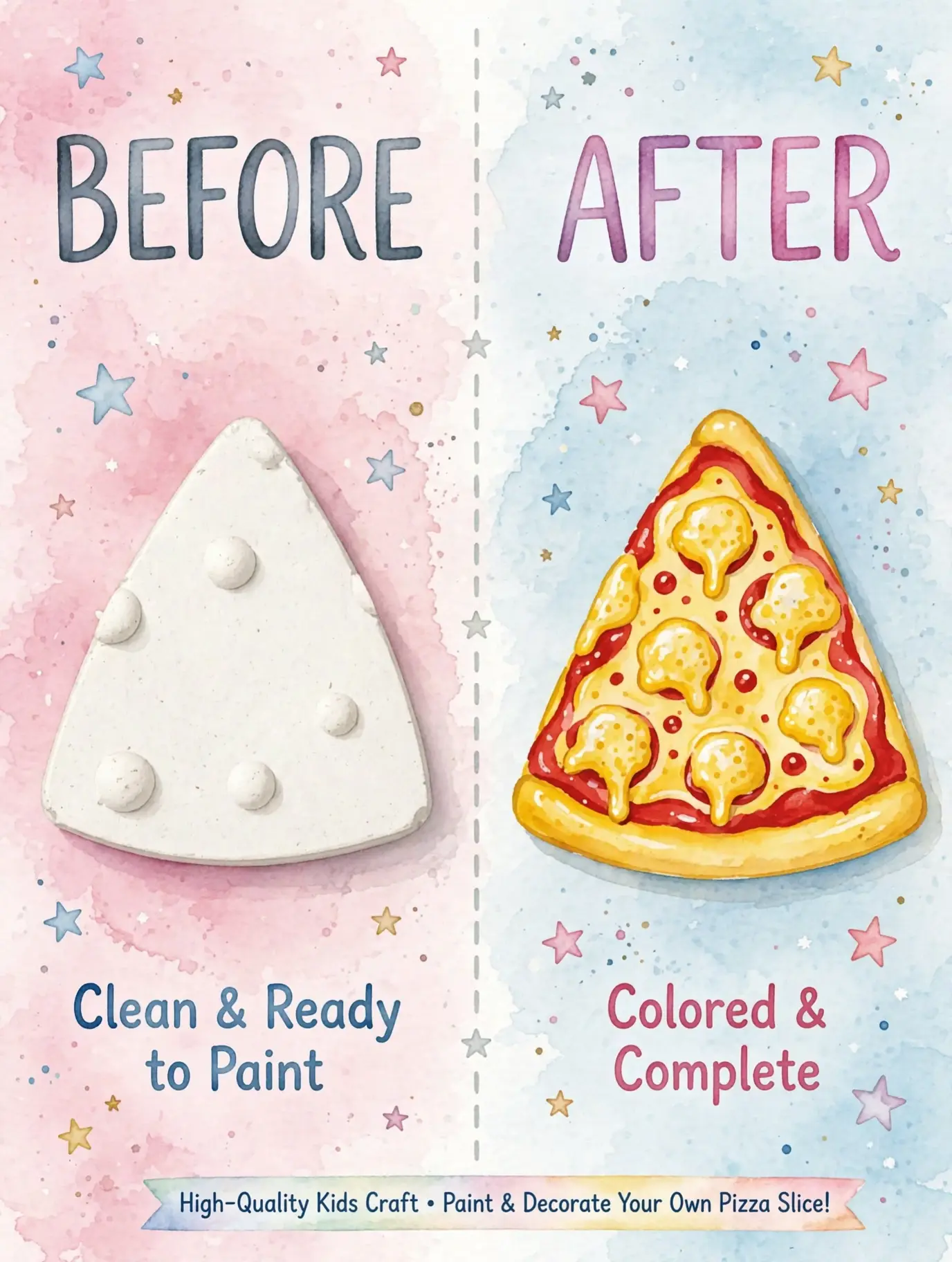 White plaster pizza slice toy paintable kids craft, DIY cheese slice plaster for painting, clean and ready to paint, kids art activity