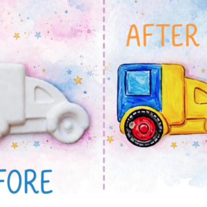 Before and after kids truck plaster painting kit - white smooth plaster truck and colorful painted yellow blue truck toy for kids DIY art and craft Pakistan